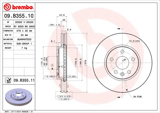 Тормозной диск   09.B355.10   BREMBO