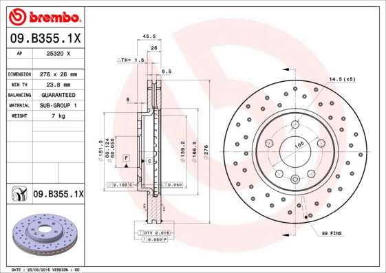 Тормозной диск   09.B355.1X   BREMBO