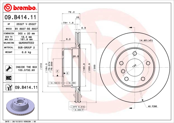 Гальмівний диск, BREMBO 09.B414.11 Гальмівний диск, BREMBO 09.B414.11