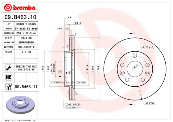 Гальмівний диск   09.B463.10   BREMBO