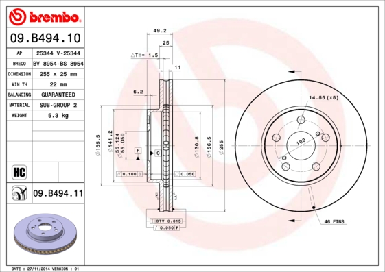 Тормозной диск   09.B494.11   BREMBO