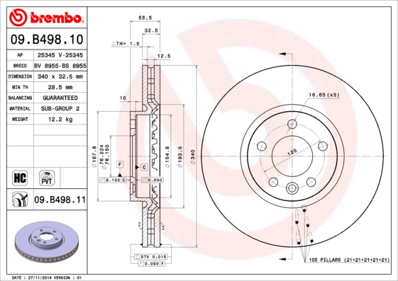 Тормозной диск   09.B498.10   BREMBO