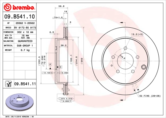 Тормозной диск   09.B541.11   BREMBO