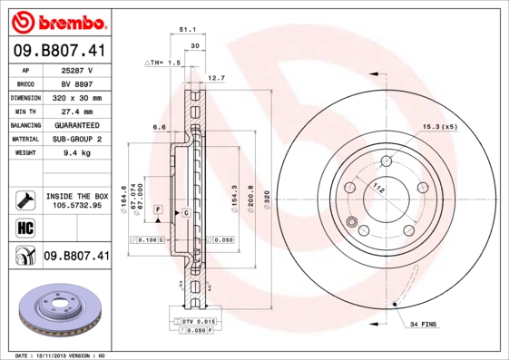 Гальмівний диск   09.B807.41   BREMBO