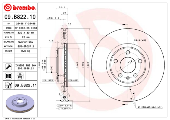 Тормозной диск   09.B822.11   BREMBO