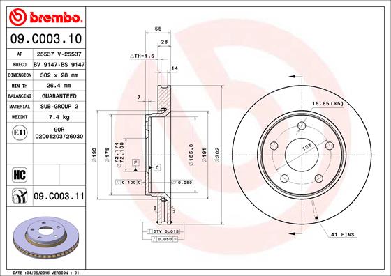 Гальмівний диск   09.C003.11   BREMBO