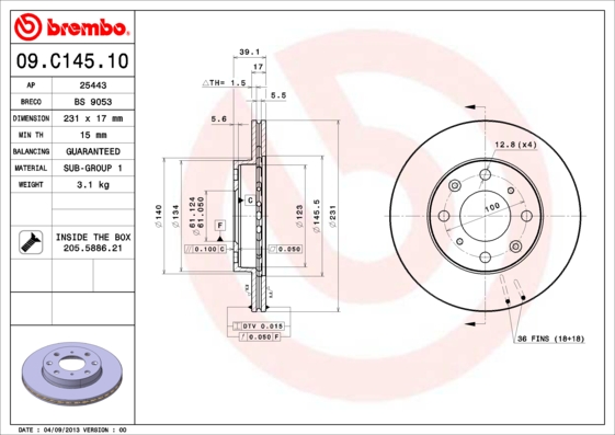 Тормозной диск   09.C145.10   BREMBO