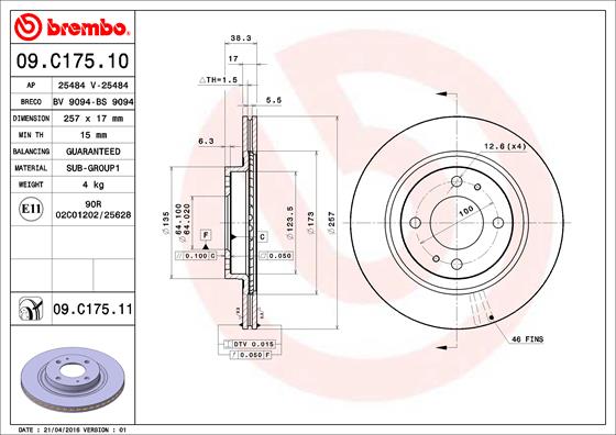 Гальмівний диск   09.C175.11   BREMBO