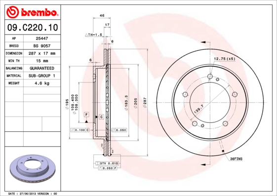 Тормозной диск   09.C220.10   BREMBO