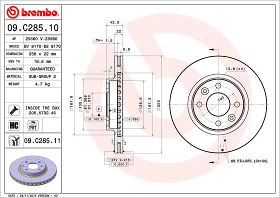 Гальмівний диск   09.C285.11   BREMBO