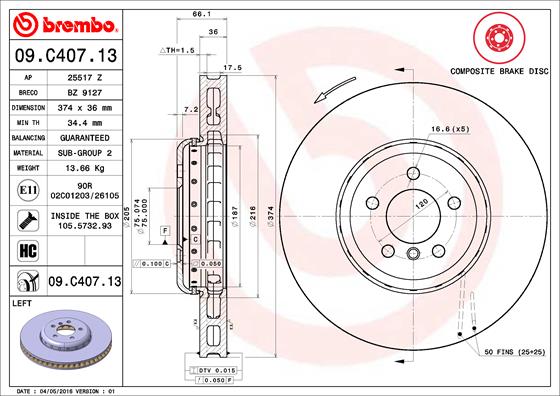 Гальмівний диск   09.C407.13   BREMBO