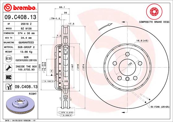 Гальмівний диск   09.C408.13   BREMBO