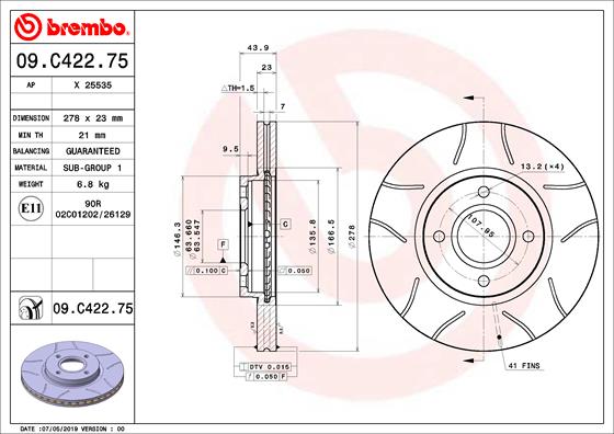 Тормозной диск   09.C422.75   BREMBO