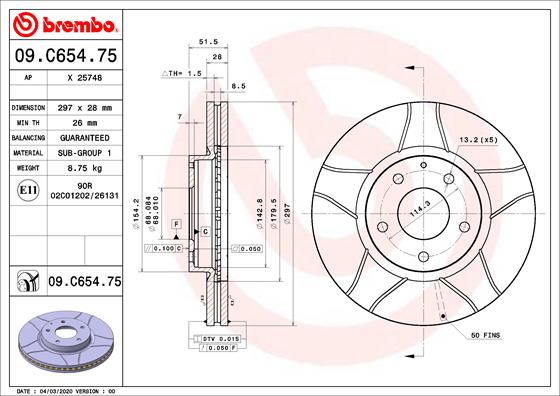 Тормозной диск   09.C654.75   BREMBO