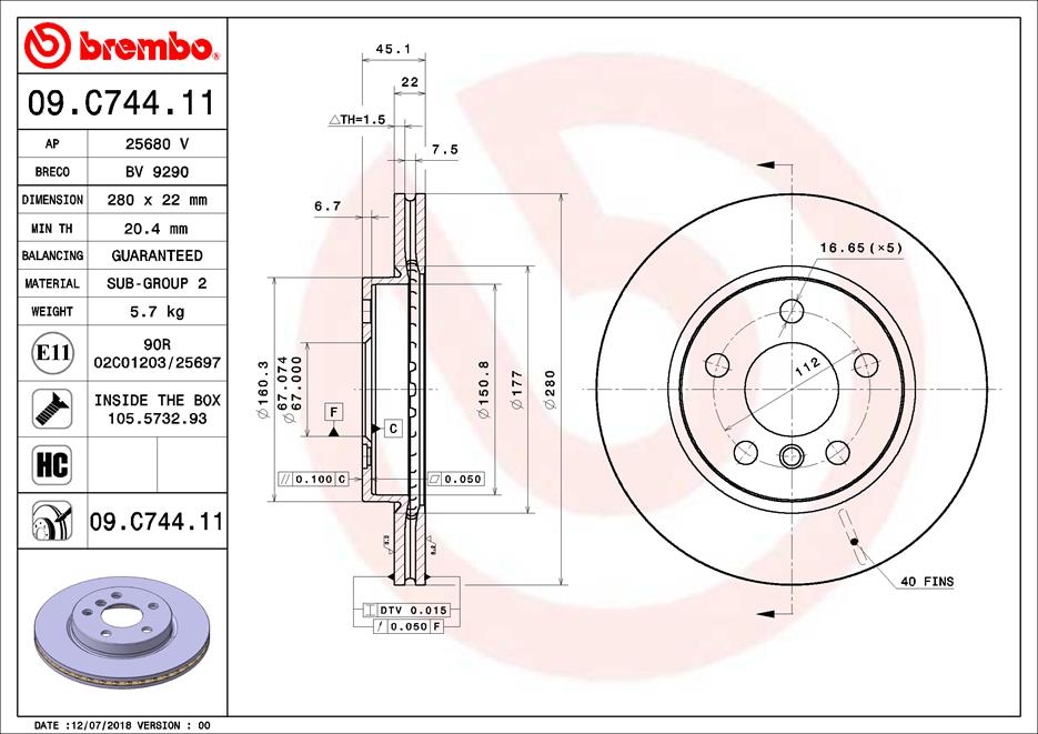 Тормозной диск   09.C744.11   BREMBO