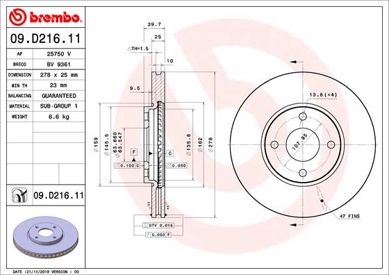 Тормозной диск   09.D216.11   BREMBO