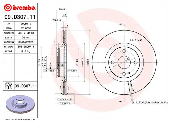 Тормозной диск   09.D307.11   BREMBO