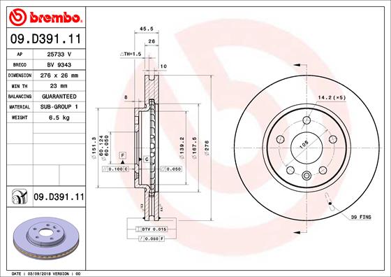 Тормозной диск   09.D391.11   BREMBO