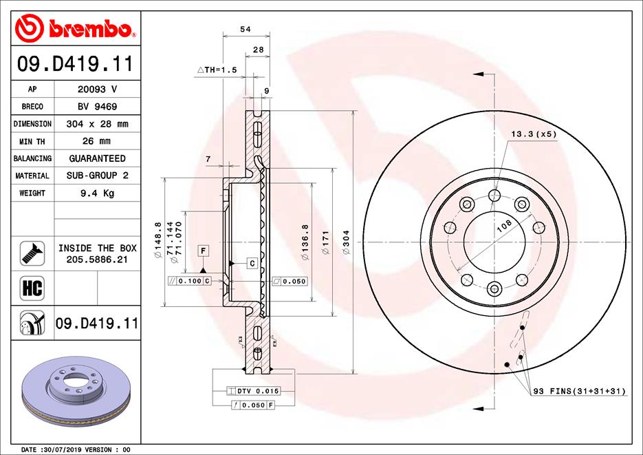 Тормозной диск   09.D419.11   BREMBO