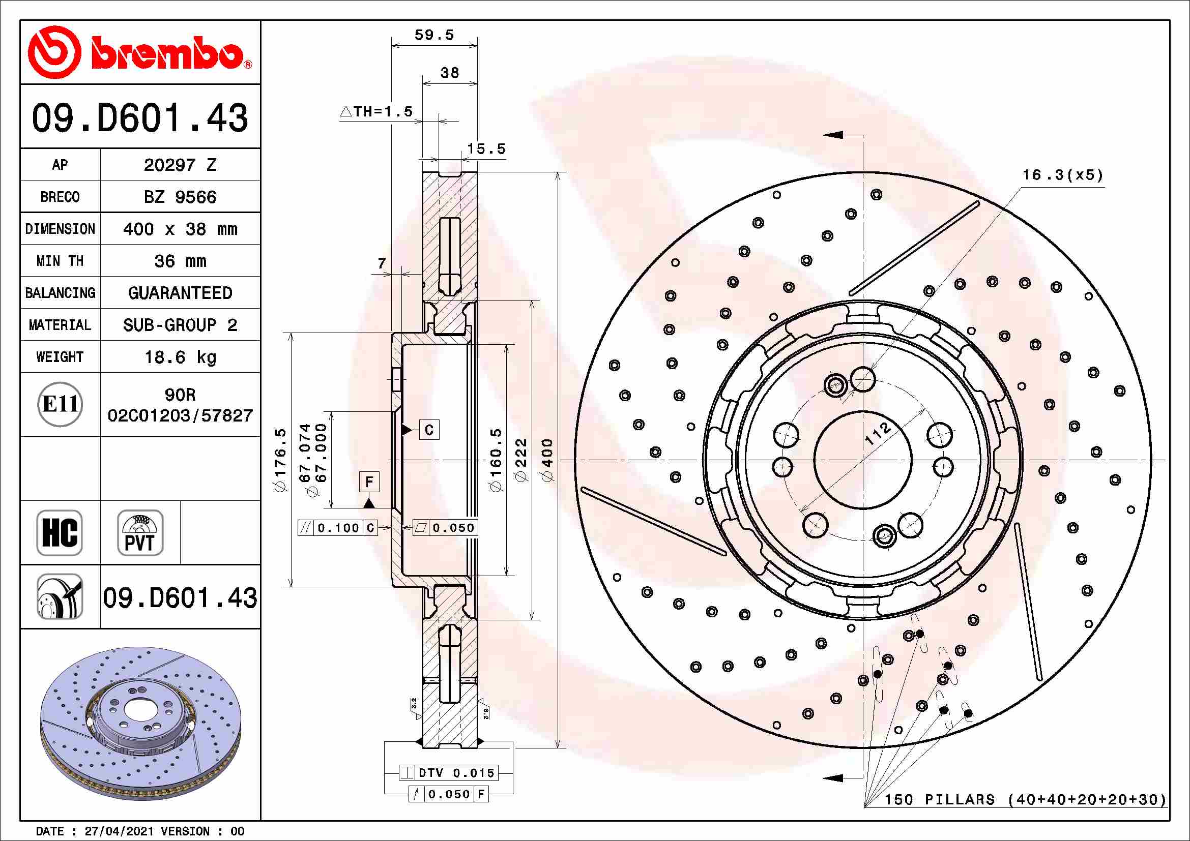 Тормозной диск   09.D601.43   BREMBO