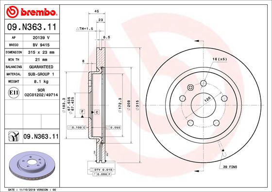 Тормозной диск   09.N363.11   BREMBO