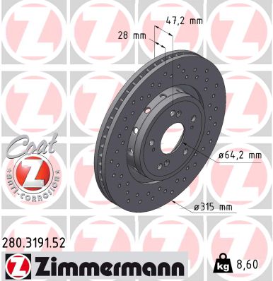 Тормозной диск   280.3191.52   ZIMMERMANN