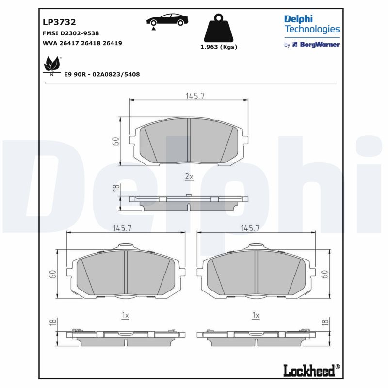Комплект гальмівних накладок, дискове гальмо   LP3732   DELPHI