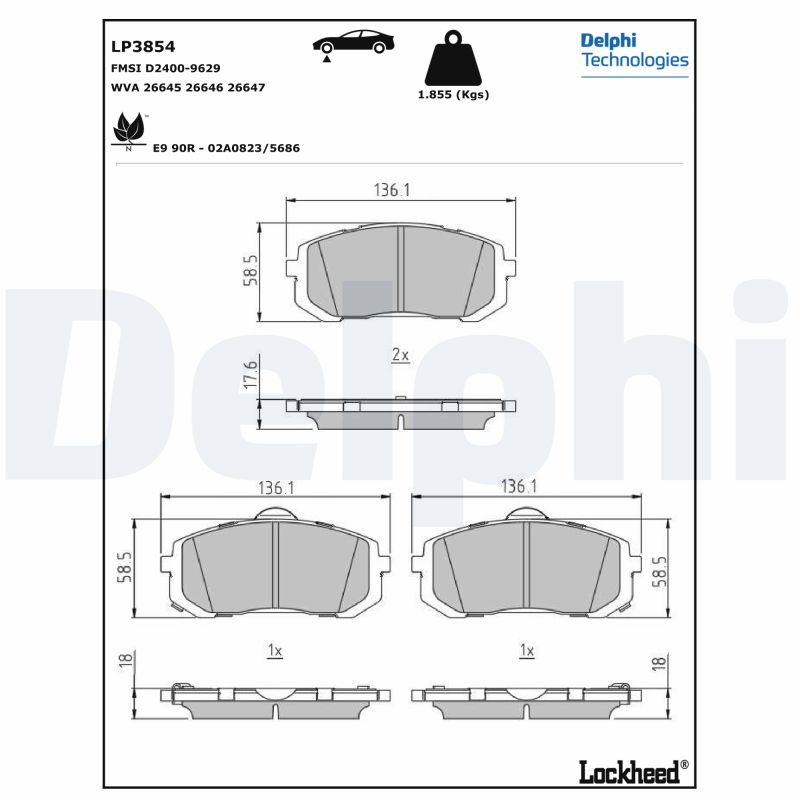 Комплект гальмівних накладок, дискове гальмо   LP3854   DELPHI